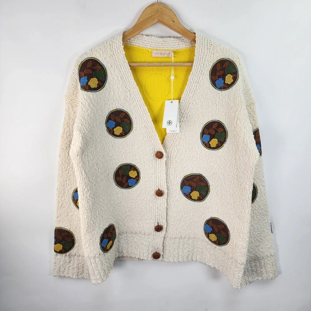 Tory Burch Sweater Womens XL Double Faced Floral Dot Cardigan Ivory/Lemon $598
